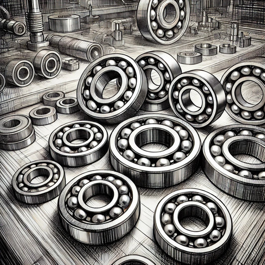 Sketch of industrial ball bearings in various sizes, neatly arranged on a workbench, with detailed circular grooves and polished surfaces. Subtle machinery and tools appear in the background, highlighting the manufacturing process.